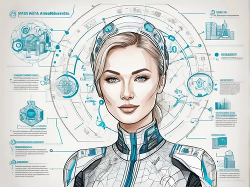 Imagine Natalia Andreeva as an ambitious CEO in a futuristic tech start-up.,sci fiction illustration,medical concept poster,women in technology,cybernetics,wearables,cyborg,headset profile,vector info