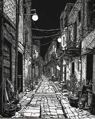 Write a suspenseful story set in the dark alleys of Quba.,the cobbled streets,narrow street,night scene,medieval street,bethlehem,souk,damascus,blind alley,souq,david bates,old city,street scene,alley