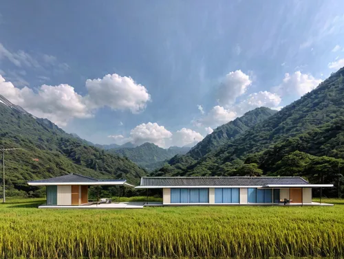 保留背景，重绘建筑主体，,grass roof,ricefield,yamada's rice fields,the rice field,rice field,rice fields,eco hotel,rice terrace,rice paddies,floating huts,danyang eight scenic,cube stilt houses,feng shui golf cou