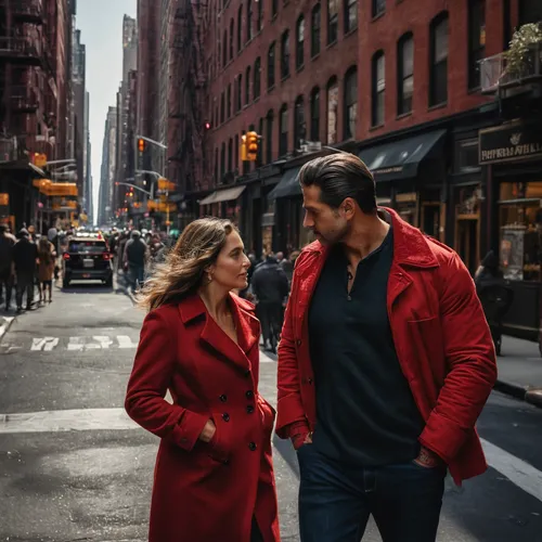 Calle llena de gente cruzando en paso de cebra nueva York y hombre y mujer desconocidos se enamoran y se miran todo está oscuro excepto ellos que brillan de color rojo.,new york streets,red coat,vinta