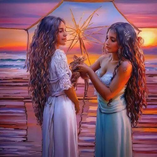 celtic woman,fantasy picture,oil painting on canvas,boho art,sun and moon,connectedness,romantic portrait,angels,sirens,fantasy art,two girls,beautiful photo girls,beach background,oil painting,romant