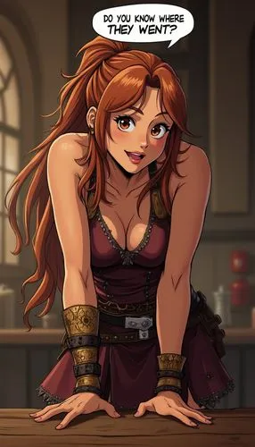 Draw in anime style: A smiling, muscular, hazel-eyed, amber-haired, bronze-tan female Amazon, with a big scar on her right leg, wearing bronze bracelets, sleeveless burgundy leather armor, black leath