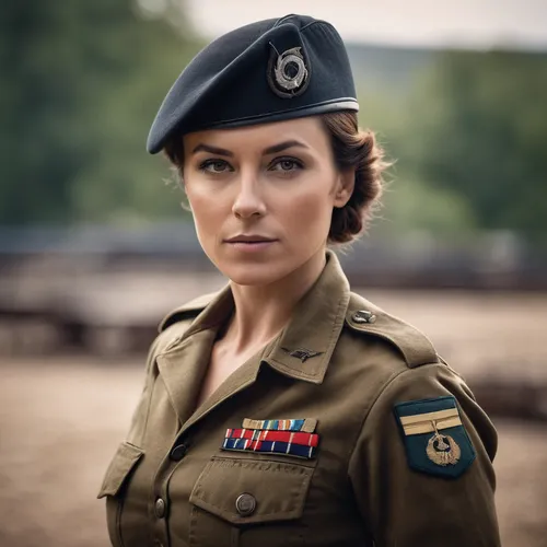 military uniform,military person,beret,peaked cap,british actress,allied,military officer,policewoman,military,brigadier,a uniform,steel helmet,female doctor,military rank,leather hat,german helmet,soldier,war veteran,brown hat,birce akalay,Photography,General,Cinematic