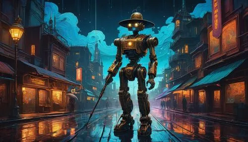 Cyberpunk futuristic cityscape, neon lights reflecting on wet pavement, a humanoid robot with glowing blue circuits, inspired by Van Gogh's style, wearing a wide-brimmed hat, holding a paintbrush, sta