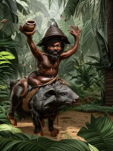 small black man mounted on a peccary, he carries a clay pot in his right hand in the middle of the tropical forest with plants and animals, he wears a leather loincloth,bongo drum,bushmeat,king coconu