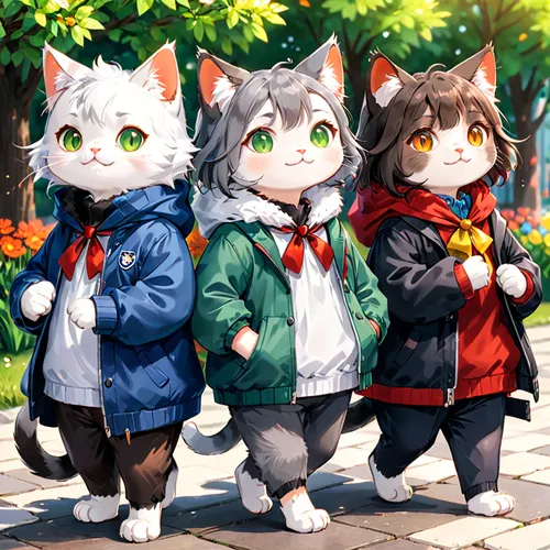 Tricolored cats have brown, black, and white fur, orange eyes, and are male. Gray cats have gray fur, blue eyes, and are female. The white cat with the red ribbon is a female with white fur, green eye