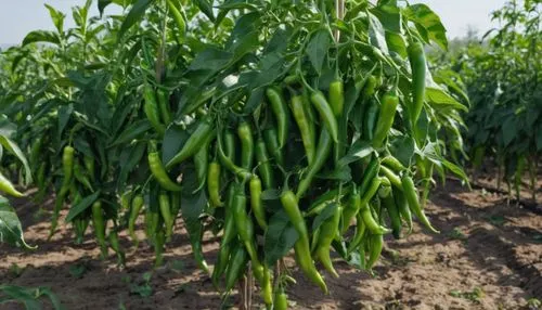 Green Chili plants in field with farming. Green ripe Chilies fruits grow in the Big garden, Realistic image, long view,piiroinen,serrano peppers,piiroja,fragrant peas,chilli pods,forage corn,agronomiq