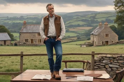 Middle-aged, male, architectural designer, Somerset, countryside, rolling hills, stone cottage, timber frame, rustic furniture, laptop, blueprint, pencil, serious expression, thinking pose, standing, 