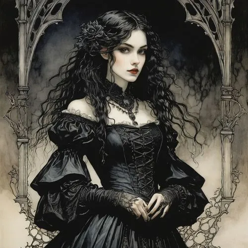 gothic portrait,gothic woman,gothic fashion,gothic dress,gothic style,gothic,victorian lady,goth woman,the enchantress,dark gothic mood,lady of the night,vampire woman,queen of the night,vampire lady,dark angel,fantasy portrait,black rose,sorceress,crow queen,victorian style,Illustration,Retro,Retro 25