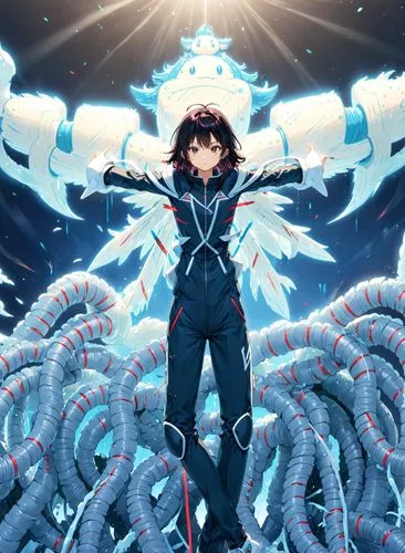 a woman with arms outstretched standing in front of giant white objects,kaiba,instrumentality,shakugan,morphogenetic,kurumada,susanoo,Anime,Anime,Realistic