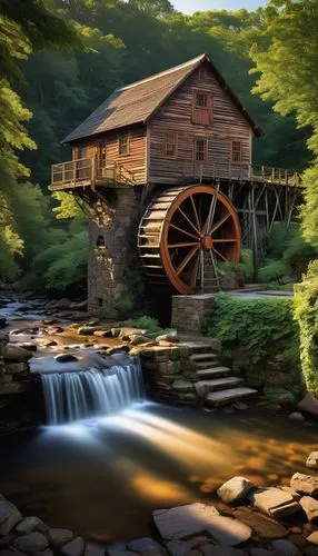 Cumberland architectural style, old wooden mill, rustic stone walls, ivy climbing up the sides, moss-covered roof, wooden waterwheel, lazy river flowing nearby, lush greenery surrounding, warm afterno