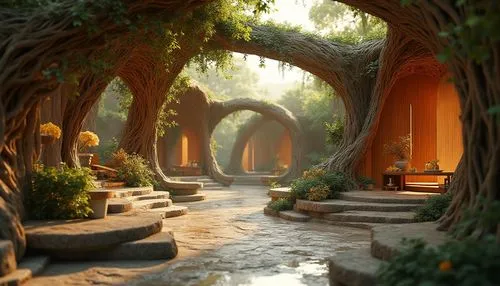 rivendell,pathway,arbor,archways,the mystical path,forest path,3d fantasy,3d render,wooden path,fantasy landscape,walkway,pathways,theed,labyrinthian,elven forest,archway,ancient city,arches,gateway,3d rendered,Photography,General,Realistic