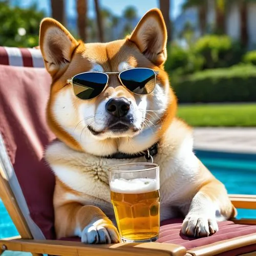  image of Shiba Inu, wearing "deal with it" glasses, lying down in a lawn chair with a beer, next to a pool. Hot sunny california day, palms,shiba inu,akita inu,glasses of beer,shiba,corgi,top dog,out