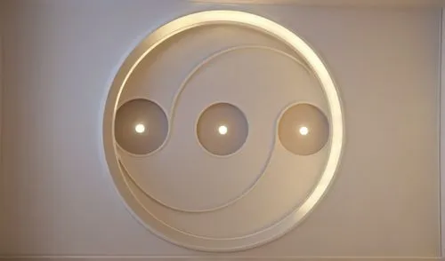 Gypsum decoration in the ceiling of a room with hidden LED lighting
Decor out of the ceiling,a picture of two eyes, one on the face, with five round faces,wall light,wall lamp,roundels,eero,ceiling li