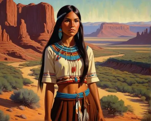 A young skinny woman with long straight dark hair, tanned skin and dark brown eyes. She is very naive, tender and sweet. She is dressed with a native american clothes. The background is a western amer