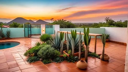 Modern Mexican Interior Design, Living Room, vibrant Mexican textiles, rustic terracotta tiles, lush indoor agave
,a beautiful backyard with the sun setting in the distance,landscape designers sydney,