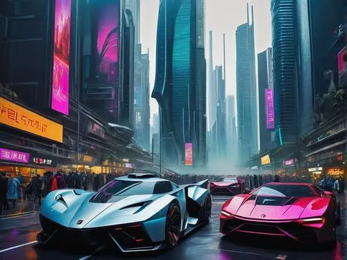 Diverse futuristic cityscape, sleek skyscrapers, curved lines, metallic materials, neon lights, towering structures, intricate details, bustling streets, holographic advertisements, flying cars, robot