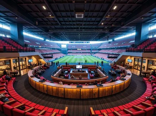 Modern soccer stadium interior, luxurious VIP lounges, sleek metal railings, plush carpeted floors, vibrant team color schemes, dynamic LED lighting, spacious concourses, food and beverage concessions