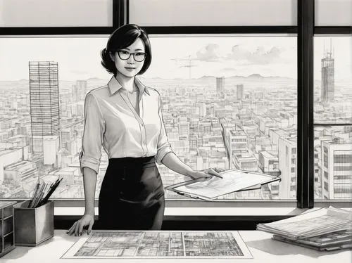 office line art,businesswoman,office worker,secretarial,secretaria,business woman,horikoshi,ritsuko,comic halftone woman,storyboard,kiyoko,newswomen,shinra,office,mari makinami,fujimoto,office desk,business world,harima,sekine,Illustration,Paper based,Paper Based 30