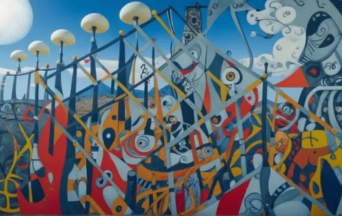 a mural is painted on the side of a wall,azulejos,murals,wall painting,depero,breunig,azulejo,muralism,persepolis,motifs of blue stars,glass painting,khokhloma painting,guernica,kitaj,dali,antibalas,s