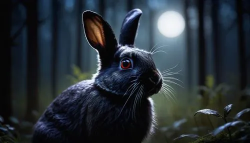 Black rabbit, solo, cute, (12yo), big round eyes, twitching nose, fluffy ears, standing, moonlight, forest, trees, mist, mysterious atmosphere, ambient light, cinematic composition, shallow depth of f