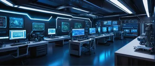 AI-generated picture, futuristic laboratory interior, sleek metal walls, neon blue lights, rows of computer screens, holographic projections, robotic arms assembling machinery, central command center 