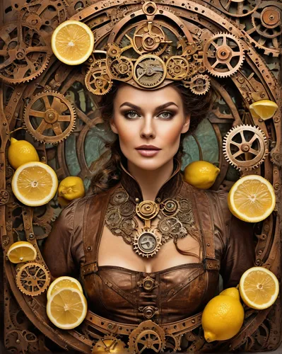 lemon background,wind rose,poland lemon,steampunk,dried-lemon,lemons,sorceress,priestess,image manipulation,fortune teller,barmaid,citrus fruits,celtic woman,lemon peel,gold filigree,fortune telling,steampunk gears,lemon tree,fantasy art,sacred geometry,Illustration,Realistic Fantasy,Realistic Fantasy 13