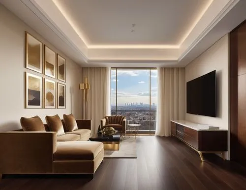 Luxurious penthouse interior, rich wood accents, metallic gold fixtures, velvety soft furnishings, neutral beige walls, dark chocolate brown floors, creamy white marble countertops, warm ambient light