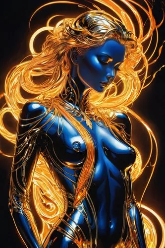 flamebird,bluefire,garrison,witchblade,neon body painting,firehawk,mystique,cortana,hellstrom,firestar,dazzler,sandahl,lilandra,blackfire,siryn,madelyne,uniphoenix,fire background,flame spirit,fire angel,Illustration,Retro,Retro 13