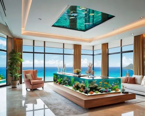 luxury home interior,glass wall,oceanfront,penthouses,ocean view,oceanview,fish tank,interior modern design,great room,modern living room,luxury property,contemporary decor,beautiful home,modern decor,glass roof,fisher island,living room,luxury home,window with sea view,structural glass,Conceptual Art,Fantasy,Fantasy 22