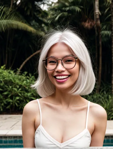 white hair and round glasses, contagious smile, open mouth,with glasses,vietnamese,silver framed glasses,filipino,asian woman,lace round frames,vietnamese woman,pi mai,seminyak,pixie-bob,glasses,albin