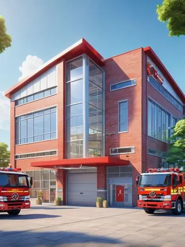 Modern fire station, industrial style building, large glass windows, metal frames, red brick walls, sloping roof, solar panels on top, firefighter's symbol on the front, concrete floors, steel beams, 