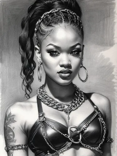 SKIN DIAMOND, in 1990s Heavy Metal clothes, chains, rivets,pencil drawings,charcoal pencil,pencil drawing,black woman,african woman,african american woman,fantasy art,african art,graphite,nigeria woma