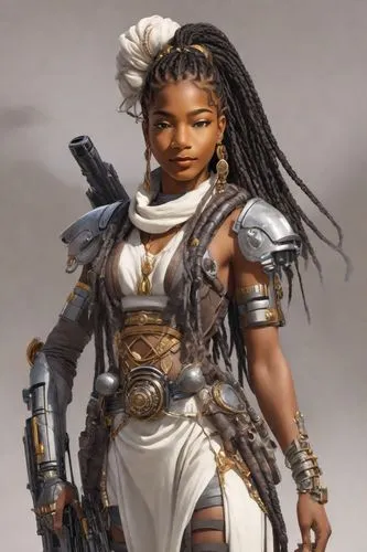 a beautiful woman dressed in futuristic style armor and holding a gun,nubia,ororo,afrofuturism,maliana,kharma,anakara,Digital Art,Classicism