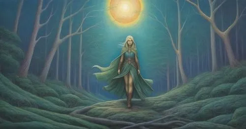 the goddess in the forest by an illuminated ball,thingol,thranduil,glorfindel,finrod,galadriel,celeborn,mirkwood,imbolc,raistlin,elenore,silmarillion,lorien,lughnasadh,light bearer,elfland,alfheim,sor