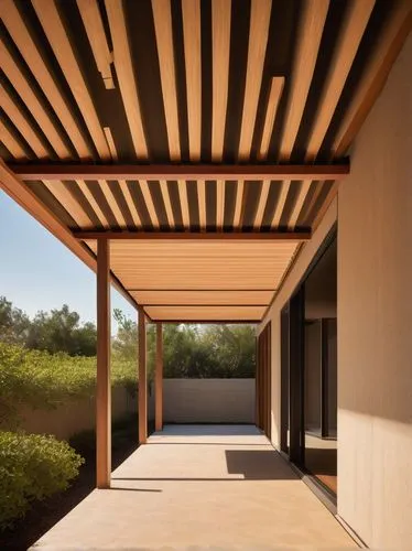 Architectural shade design, low sun angle, horizontal louvered roof, wooden structure, natural materials, warm beige tone, modern minimalist style, simple clean lines, rectangular shape, cantilevered 