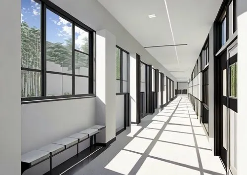 The school hallway
The left side has windows, and there are classrooms on the right side,hallway space,daylighting,dormitory,corridor,hallway,prefabricated buildings,school design,ceiling ventilation,