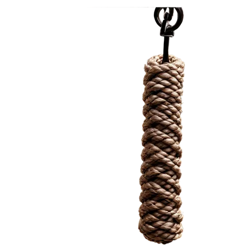 Coiled rope, brown texture, twisted fibers, rough surface, metal hook attachment, hanging vertically, dramatic lighting, high contrast, close-up shot, shallow depth of field, warm color tone, cinemati