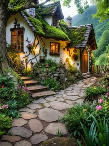 colorful,plant,cafe luxury,rosegol and black,an outside of a house with a path in front of it,fairy village,house in the forest,fairy house,home landscape,beautiful home,summer cottage,Photography,Gen