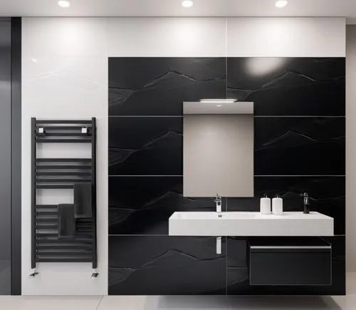 Parete bagno con rivestimento in ceramica bianca e nera, termo arredo di colore nero, specchio,  lavabo di colore bianco e mobile sospeso.,modern minimalist bathroom,marazzi,ceramic tile,search interi