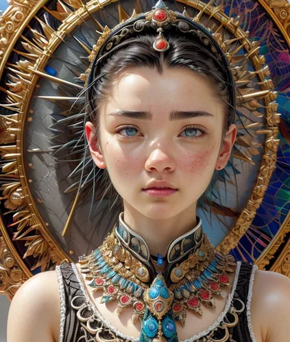 ancient egyptian girl,cleopatra,fantasy portrait,priestess,mystical portrait of a girl,inner mongolian beauty,warrior woman,female warrior,jaya,fantasy art,shaman,tribal,avatar,eurasian,gift of jewelry,oriental princess,headdress,jewelry（architecture）,girl portrait,mulan