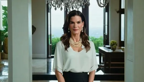 Sandra Bullock, 45yo, mature lady, elegant smile, wavy brown hair, subtle makeup, pearl necklace, white blouse, black high-waisted pants, stilettos, standing, luxurious villa, modern architecture, gra