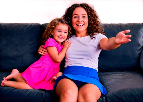 happy mother, little girl, laughing, tickling, playful, gentle fingers, soft skin, curly brown hair, bright blue eyes, white t-shirt, pink skirt, bare feet, sitting on couch, warm lighting, cozy atmos