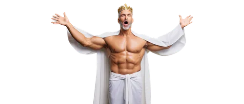 God, muscular man, long white beard, golden crown, powerful chest, strong arms, flowing white robe, intricate details, regal pose, standing, majestic, cinematic lighting, 3/4 composition, shallow dept