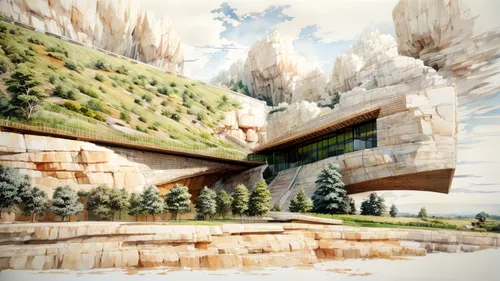 futuristic landscape,futuristic architecture,futuristic art museum,virtual landscape,building valley,mountainside,concept art,overpass,cliff dwelling,house in mountains,mountain settlement,radiator springs racers,house in the mountains,development concept,fantasy landscape,eco hotel,beam bridge,mountain pass,landscape background,archidaily