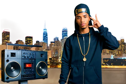 Urban DJ, free beats, profitable music, studio setting, male rapper, 25yo, confident pose, gold chain, black durag, trendy streetwear, microphone in hand, boombox speakers, vinyl records, cityscape ba