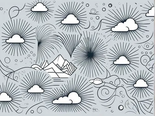 a pattern with the sun and clouds,umbrella pattern,background vector,snowflake background,background pattern,vector pattern,mandala background,Illustration,Black and White,Black and White 04