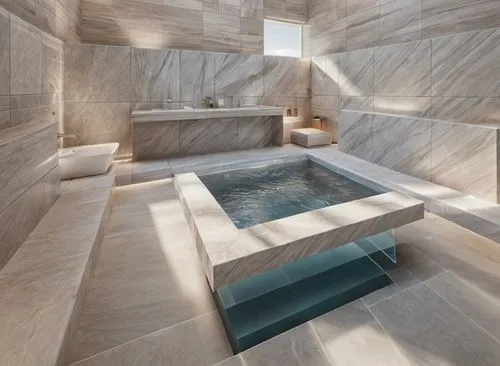 Spa center,  hamam interior, snohetta, blue light inside, blue mosaic walls, mir rendering, back light,luxury bathroom,shower base,modern minimalist bathroom,ceramic floor tile,natural stone,bathtub,t