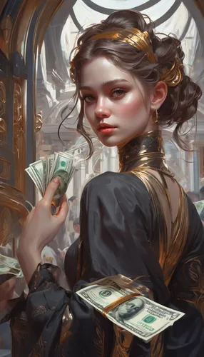 merchant,fantasy portrait,bullion,banknote,gold leaf,gambler,twenties,windfall,fantasy art,fortune teller,golden crown,baroque,queen anne,gold foil art,gold bullion,mystical portrait of a girl,masquerade,game illustration,gold shop,money rain,Conceptual Art,Fantasy,Fantasy 01