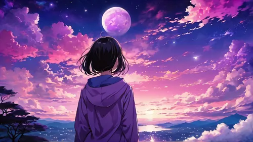 purple moon,purple landscape,light purple,purple,purple wallpaper,purple and pink,purple background,la violetta,pink-purple,purple blue,little girl with balloons,pale purple,sailing blue purple,purple-white,fantasy picture,violet colour,lilac,ultraviolet,pink balloons,mauve,Illustration,Japanese style,Japanese Style 04